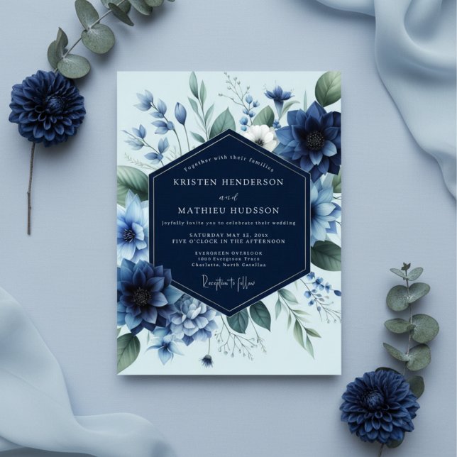 Invitación Deep Blue Floral Elegance Wedding (Subido por el creador)