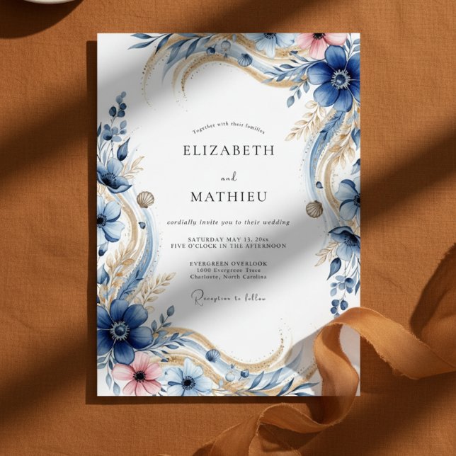 Invitación Deep Blue Floral Flourish Wedding (Subido por el creador)