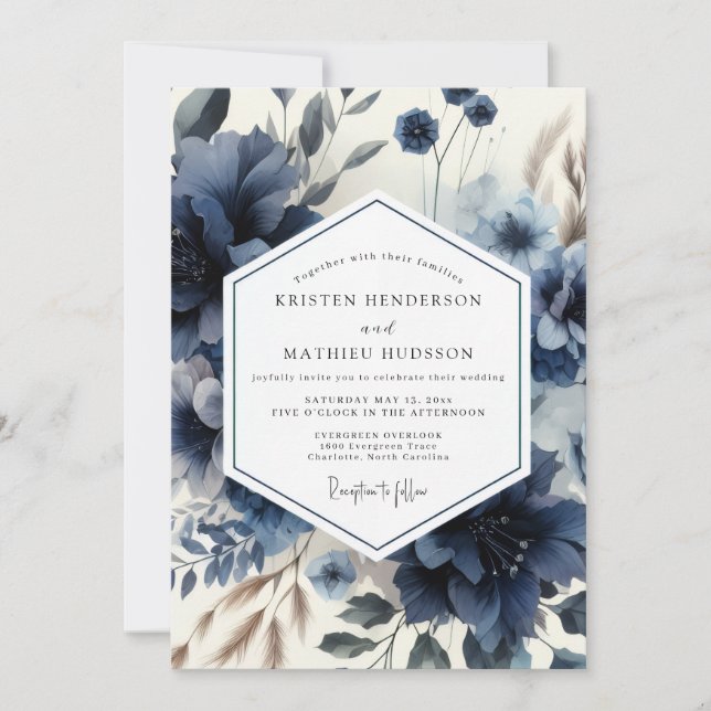 Invitación Deep Blue Floral Moody Wedding (Anverso)