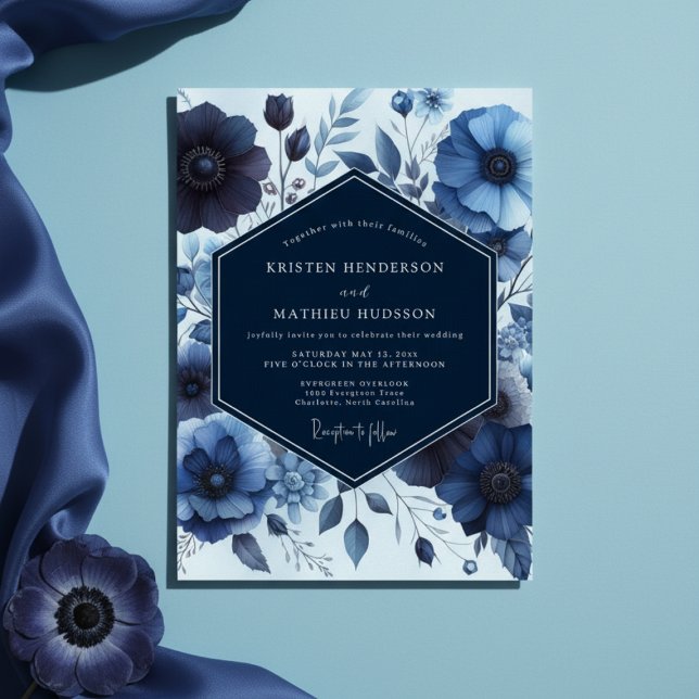 Invitación Deep Blue Floral Moody Wedding (Subido por el creador)