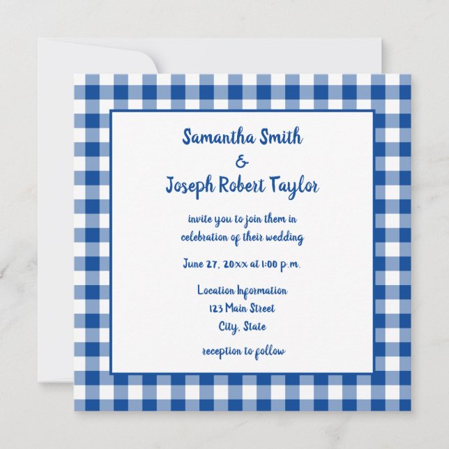 Invitación Deep Blue Gingham Country Wedding (Anverso)