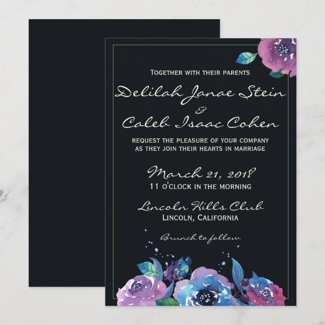 Invitación Deep Blue Morple Moody Boda Floral (Anverso / Reverso)