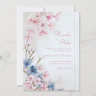 Invitación Deep Blue Pink Romantic Sakura Gold Frame Wedding