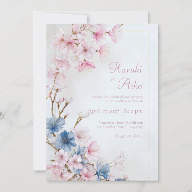 Invitación Deep Blue Pink Romantic Sakura Gold Frame Wedding (Anverso)