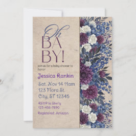 Invitación Deep Blue & Purple Floral Baby Shower
