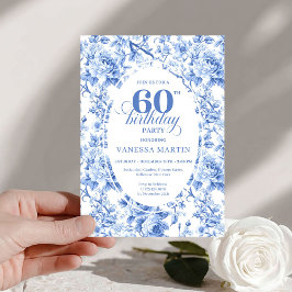 Invitación Deep Blue Toile Roses 60th Birthday Invitation  
