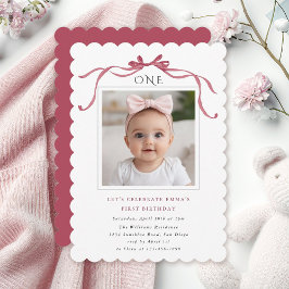 Invitación Deep Blush Pink Bow Girl 1st Birthday Party