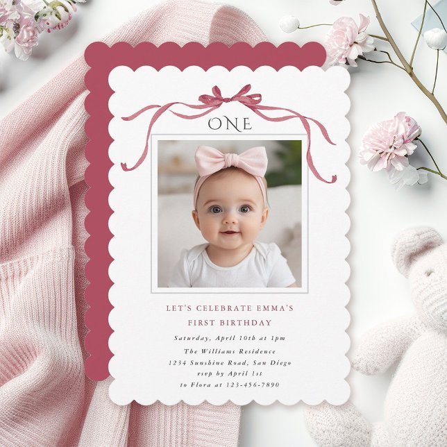 Invitación Deep Blush Pink Bow Girl 1st Birthday Party (Subido por el creador)