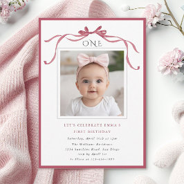 Invitación Deep Blush Pink Bow Girl 1st Birthday Party Photo