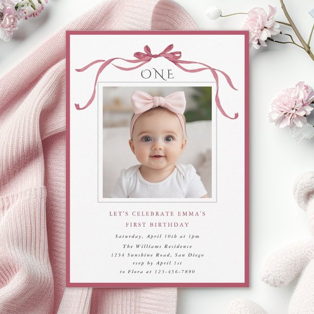 Invitación Deep Blush Pink Bow Girl 1st Birthday Party Photo (Subido por el creador)