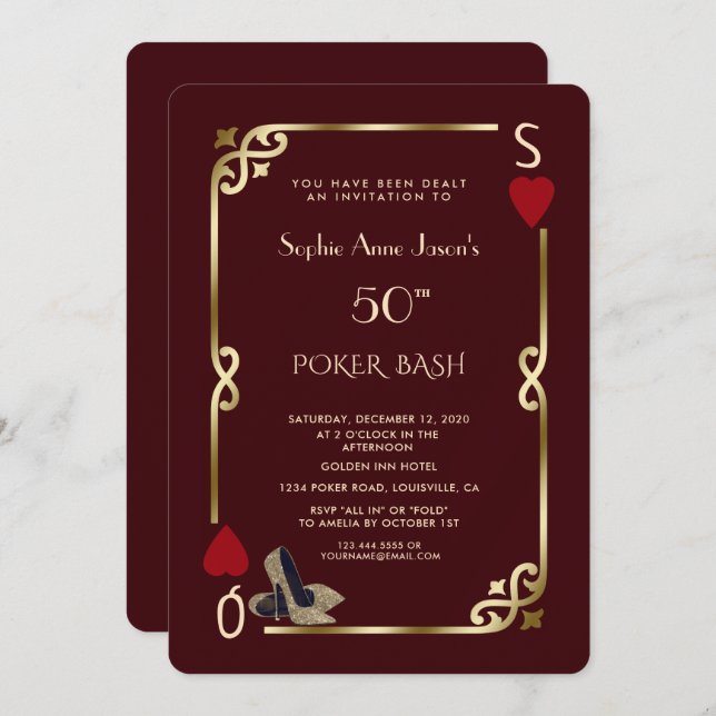 Invitación Deep Burgundy Casino Night Gatsby 50th Birthday (Anverso / Reverso)