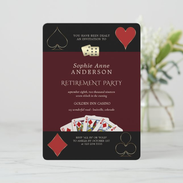Invitación Deep Burgundy Casino Vegas Poker Retirement Party  (Anverso de pie)