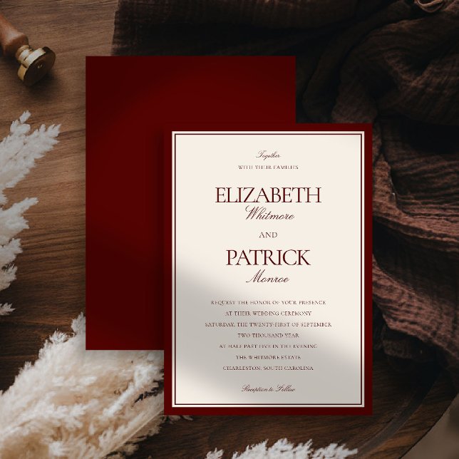 Invitación Deep Burgundy Formal Modern Classic Estate Wedding (deep burgundy wedding invitation quiet luxury old money double frame formal modern classic couple)