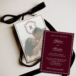 Invitación Deep Burgundy Ivory Crest Old Money Photo Wedding