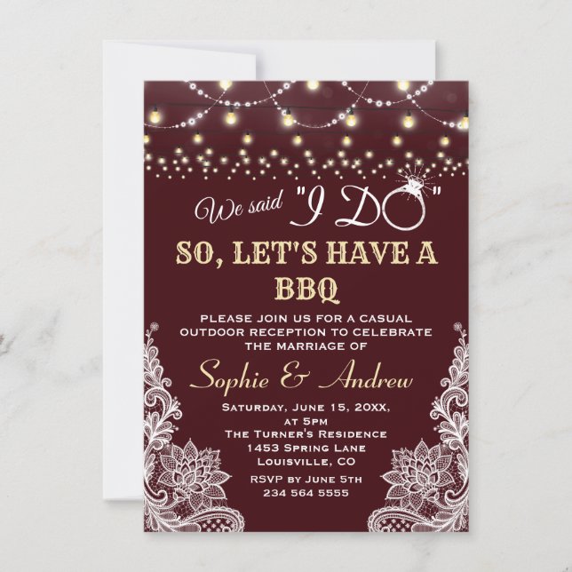 Invitación Deep Burgundy Lace String Lights After I DO BBQ (Anverso)