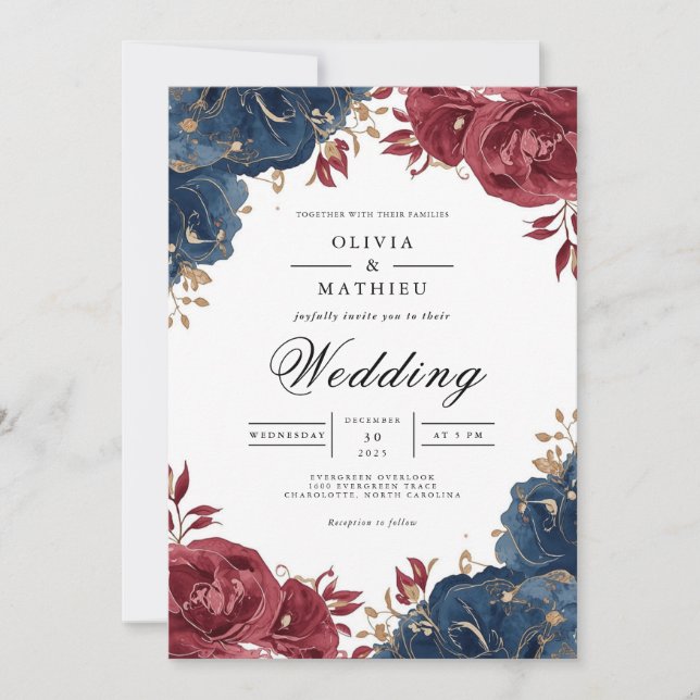 Invitación Deep Burgundy & Navy Floral Arch Wedding (Anverso)