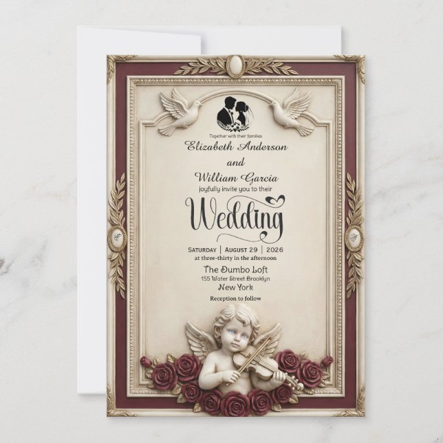 Invitación Deep Burgundy Rose & Cherub Vintage Wedding (Anverso)