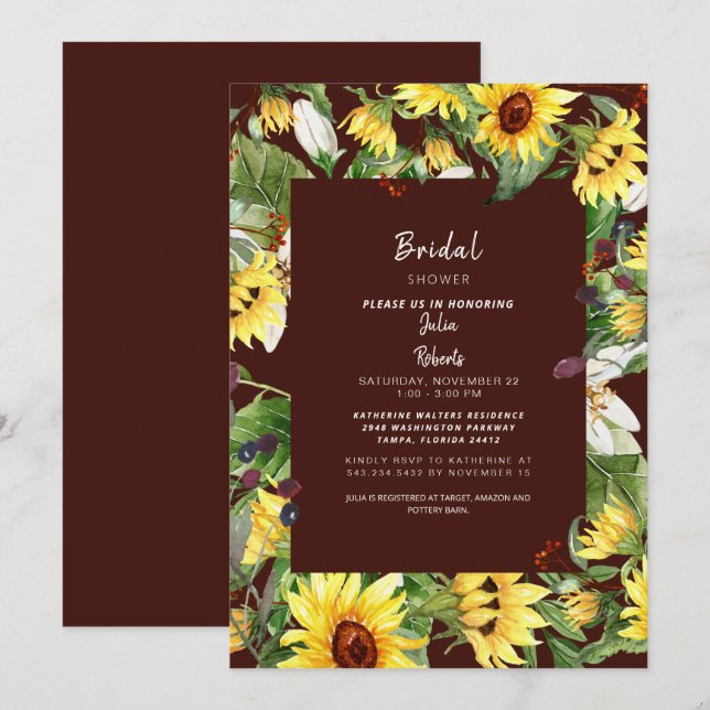 Invitación Deep Burgundy Sunflower Bridal Shower (Anverso / Reverso)