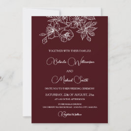 Invitación Deep Burgundy White Floral Line Art | Wedding