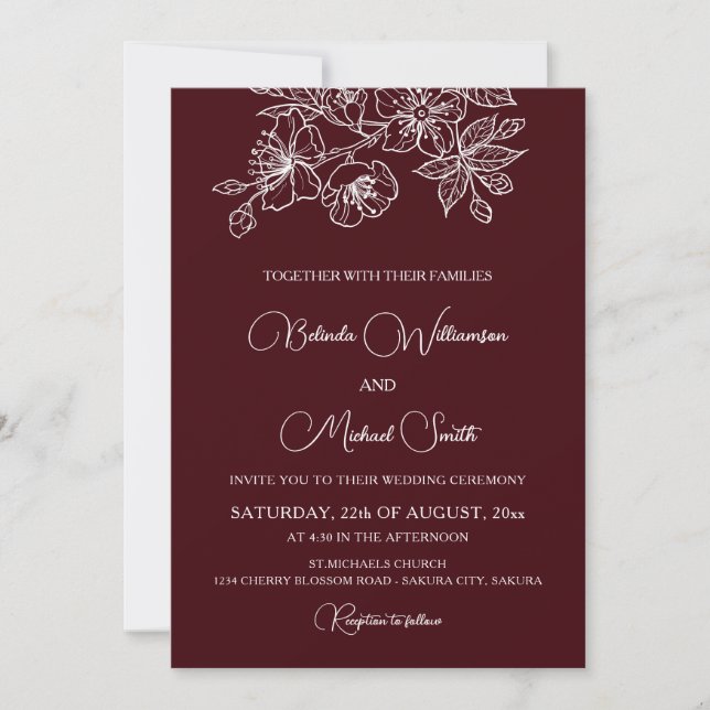 Invitación Deep Burgundy White Floral Line Art | Wedding (Anverso)