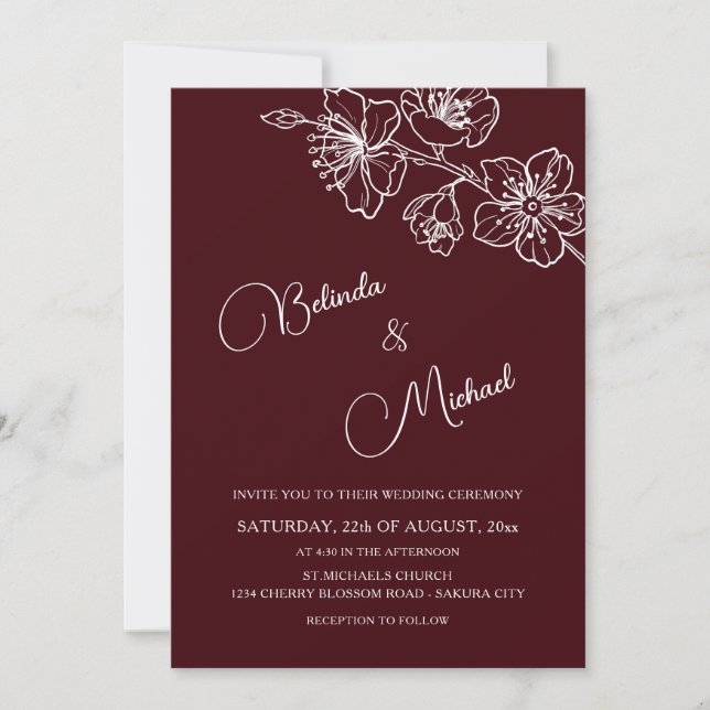Invitación Deep Burgundy White Floral | Photo Wedding (Anverso)