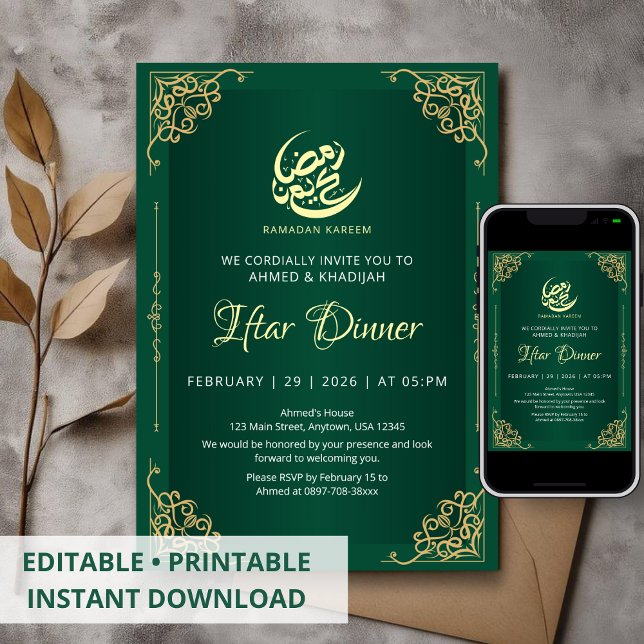 Invitación Deep Green and Gold Ramadan Iftar Invitation (Subido por el creador)