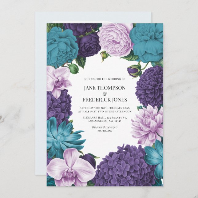 Invitación Deep Marine, Slate Orchid & Cloud Lilac Wedding (Anverso / Reverso)