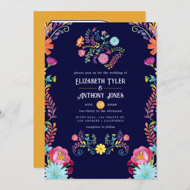 Invitación Deep Navy & Marigold Floral Mexican Fiesta Wedding (Anverso / Reverso)