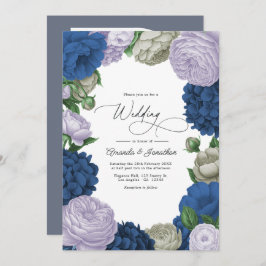 Invitación Deep Navy, Soft Lilac & Cloud Gray Floral Wedding