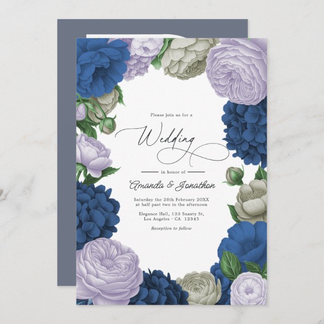 Invitación Deep Navy, Soft Lilac & Cloud Gray Floral Wedding (Anverso / Reverso)