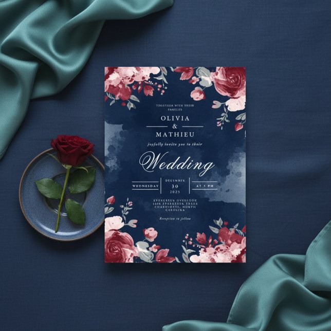 Invitación Deep Plum Floral Watercolour Wedding (Subido por el creador)