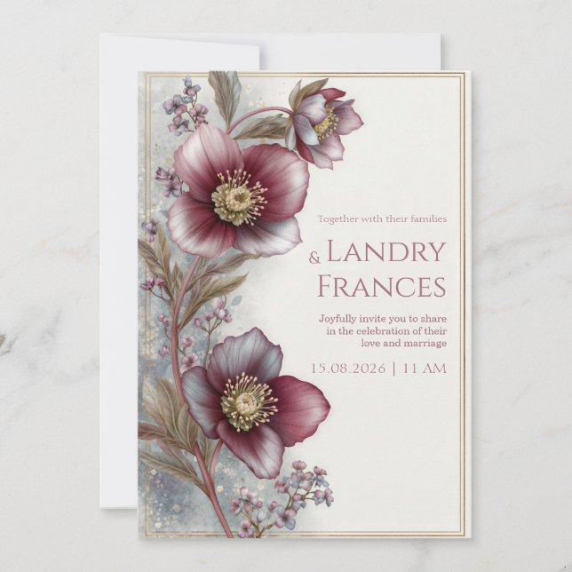Invitación Deep Plum Hellebore Gold Glitter Frame Wedding (Anverso)