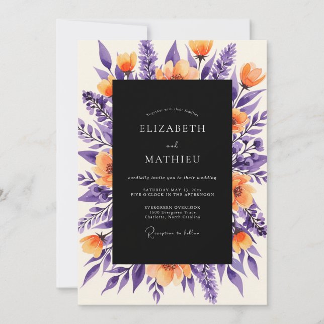Invitación Deep Purple Orange Bold Botanical Wedding (Anverso)