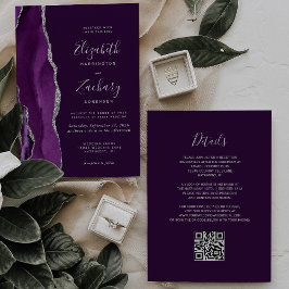 Invitación Deep Purple Silver Agate QR Code Wedding