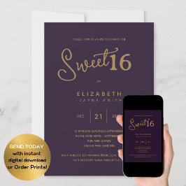 Invitación Deep Purple SWEET 16 Aniversario de Oro Elegante M