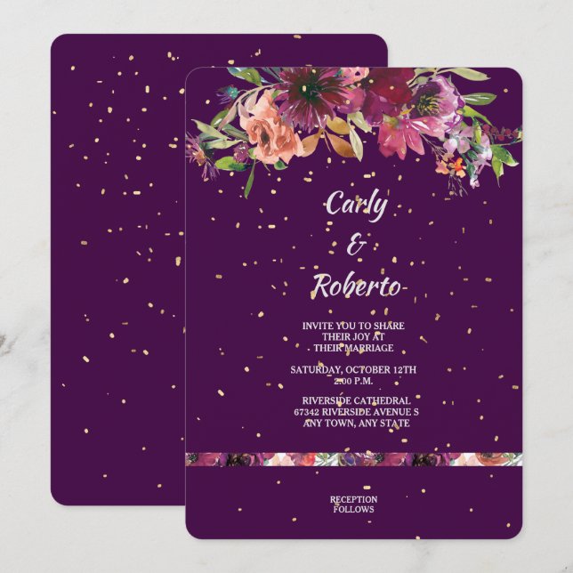 Invitación Deep Purple Vivid Floral Gold Confetti Boda (Anverso / Reverso)