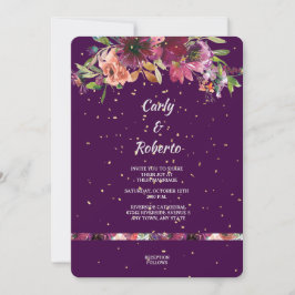 Invitación Deep Purple Vivid Floral Gold Confetti Boda