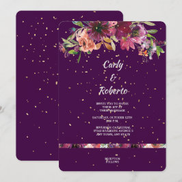 Invitación Deep Purple Vivid Floral Gold Confetti Boda