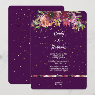 Invitación Deep Purple Vivid Floral Gold Confetti Boda