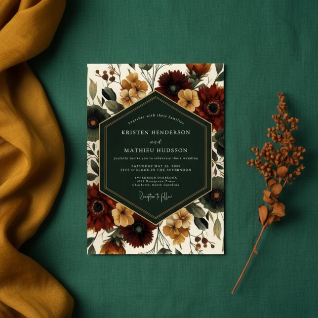 Invitación Deep Red Autumn Floral Elegance Wedding (Subido por el creador)