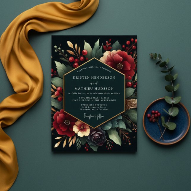 Invitación Deep Red Botanical Luxe Wedding (Subido por el creador)