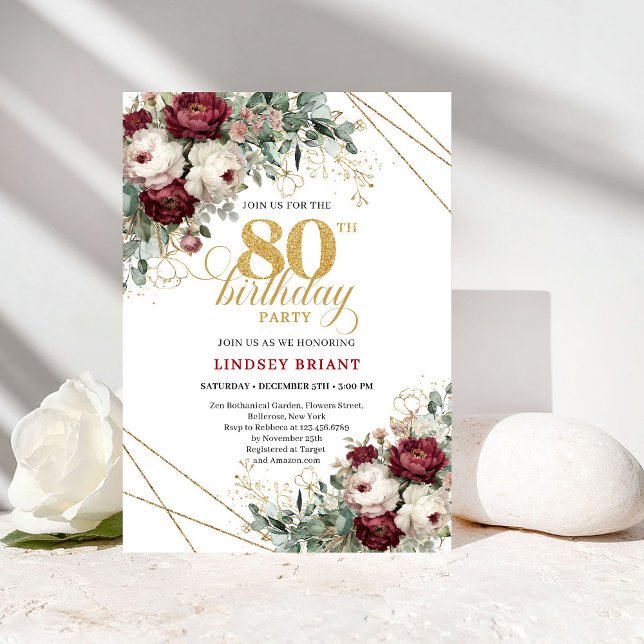 Invitación Deep Red Burgundy Flowers Eucalyptus 80th Birthday (Deep Red Burgundy Flowers Eucalyptus 80th Birthday)