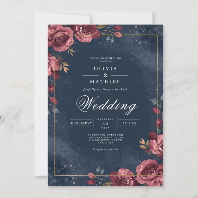 Invitación Deep Red Floral Navy Arch Wedding (Anverso)