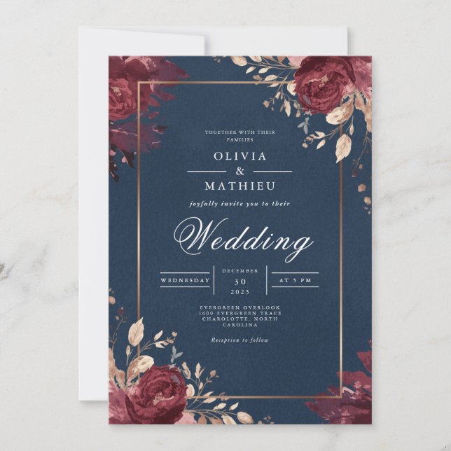 Invitación Deep Red Floral Navy Border Wedding (Anverso)