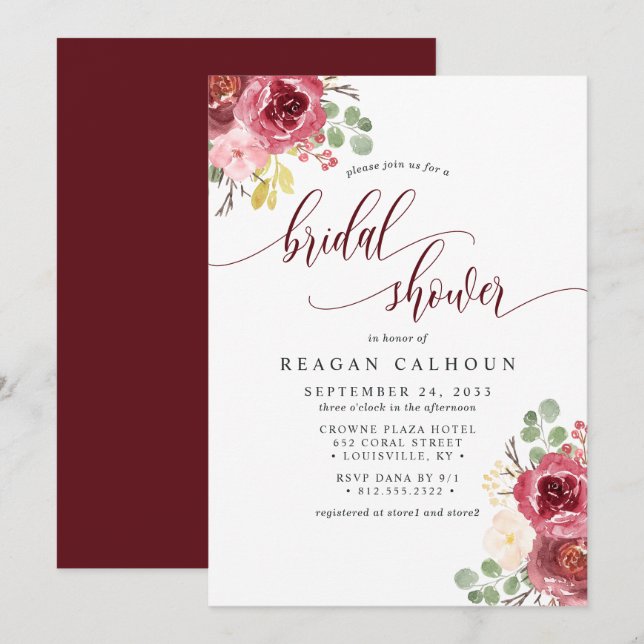 Invitación Deep Red Merlot Floral Watercolor Brillante (Anverso / Reverso)