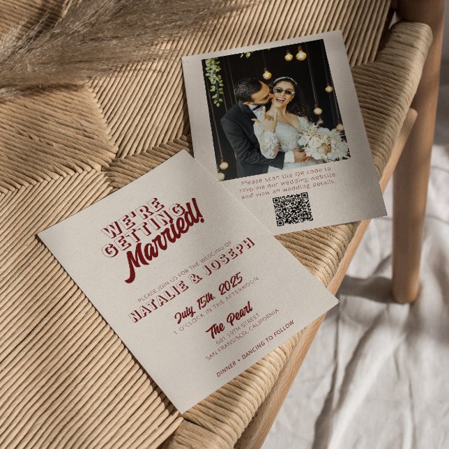 Invitación Deep Red Retro Bold Unique QR Code Photo Wedding (Subido por el creador)