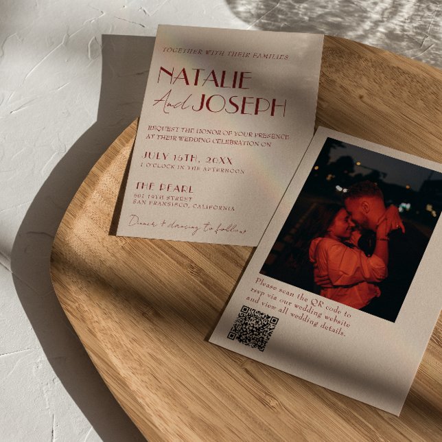Invitación Deep Red Whimsical Modern QR Code Photo Wedding (Subido por el creador)