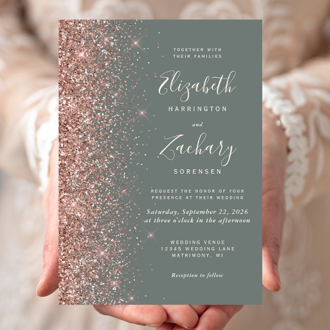 Invitación Deep Sage Green Rose Gold Glitter Wedding (Subido por el creador)