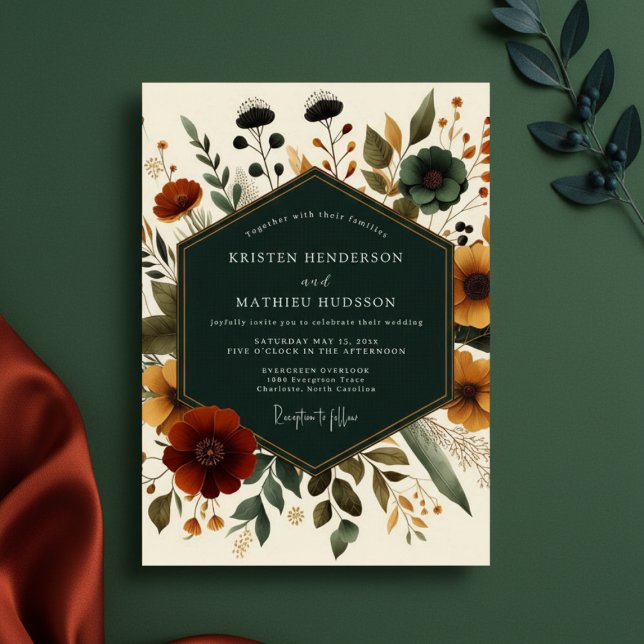 Invitación Deep Teal Autumn Floral Romance Wedding (Subido por el creador)