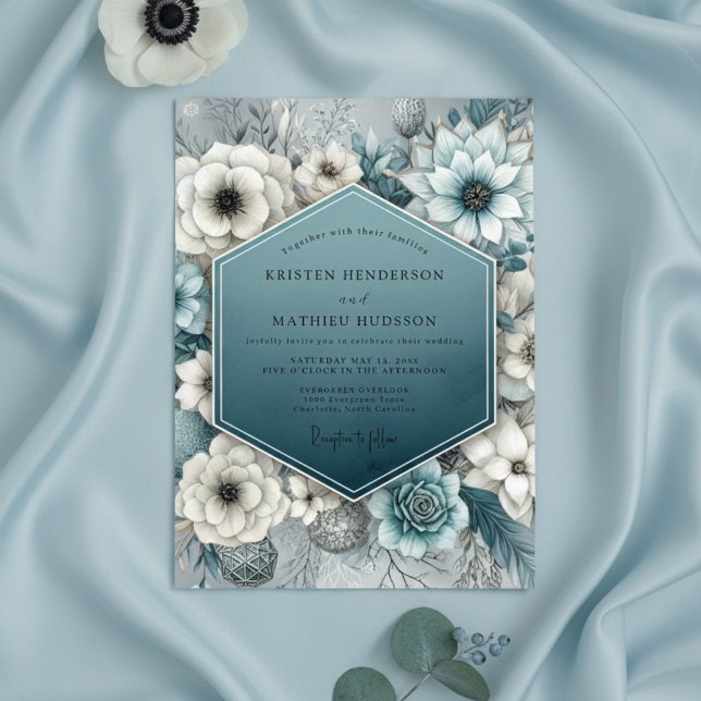 Invitación Deep Teal Bloom Romance Wedding (Subido por el creador)